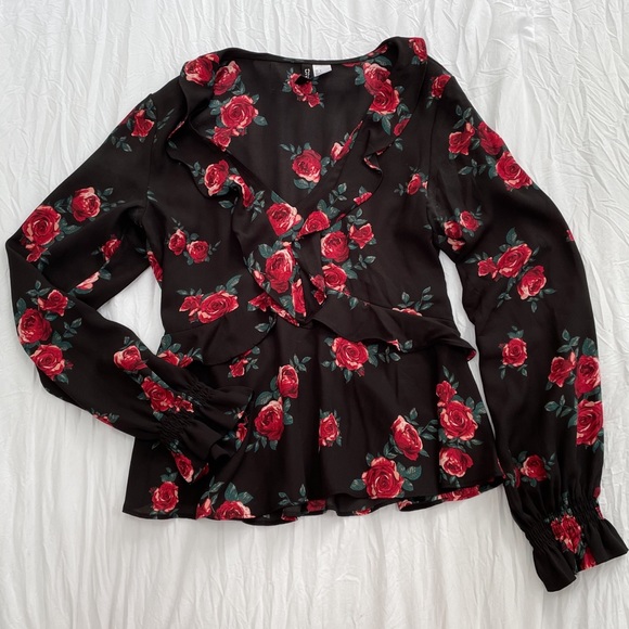 H&M Tops - Divided H&M Sheer Ruffle Floral Blouse Top with Long Balloon Sleeves